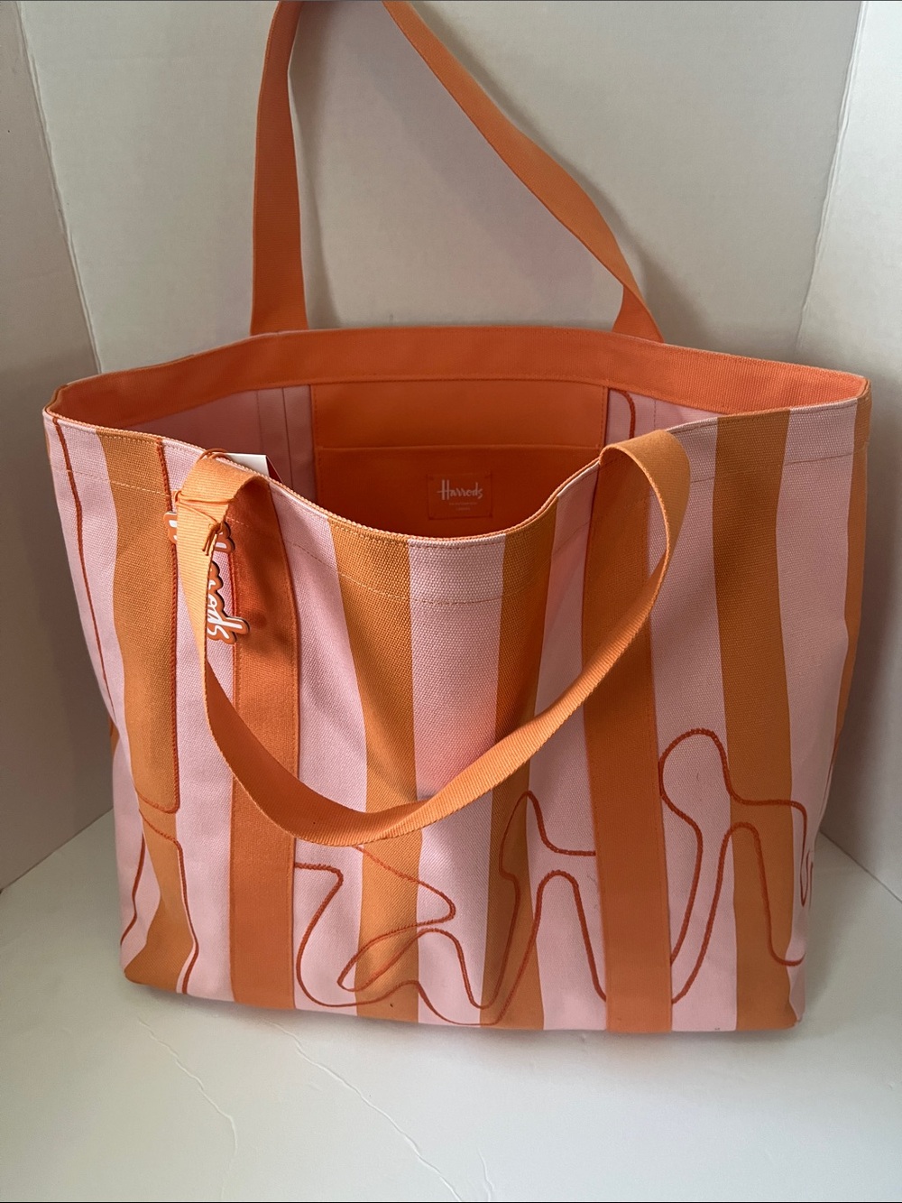 Harrods Pink and Orange Striped Canvas Tote with Embroidered Detail